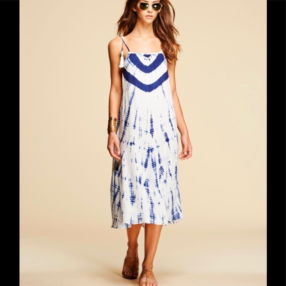 Anthropologie PEPIN Blue White Tie Dye Viscose Tie Shoulder Midi Dress 2